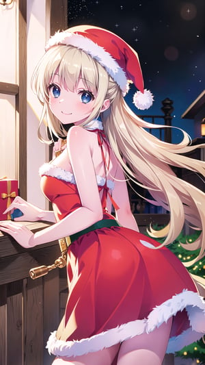 (Masterpiece, Top Quality, High Quality, Best Picture Score: 1.3), Perfect Beauty: 1.5, blonde hair, long hair, (Santa Claus costume), one person, (Santa Claue Hat), outside house, in the balcony, stars, night scene, leaning on the balcony, looking to the stars, photo from behind, seductive pose, desirable butt, cleavage, blue_eyes, cute, smiling, happy, blushing,