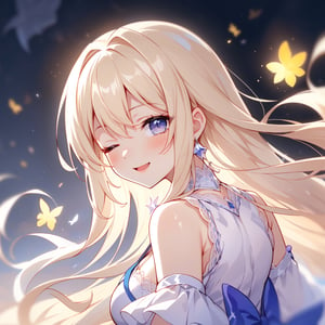 In a serene moment amidst the lively fireworks of a night sky, an anime girl with loose, flowing blonde-white hair stands in a semi-transparent white shirt. Her locks dance freely around her, gently caressed by the night breeze, cascading over her shoulders and framing her face in a natural, carefree manner.

She looks back over her shoulder, eyes closed in pure happiness, cheeks dusted with a rosy blush from the excitement of the moment. Her smile is infectious, radiating joy and contentment. Strands of her hair playfully dance across her face, slightly tousled by the gentle night air, adding to the scene's candid charm.

The background is a simple, softly blurred setting, focusing solely on the anime girl's face. The fireworks light up the night sky, their vibrant colors painting a breathtaking backdrop against the darkness. The bursts of light and color fill the atmosphere with a mesmerizing display, creating a beautiful contrast against the girl's serene expression.

This uncomplicated portrait captures the sheer delight and beauty of a carefree moment amidst the enchanting magic of a fireworks-lit night sky. The focus remains on the girl's happiness, her peaceful smile conveying the simple joy of the moment.





