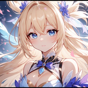 In the portrait, the anime girl stands as the central focus, her ethereal presence drawing the viewer's gaze. The artist has captured her with meticulous attention to detail, highlighting every facet of her striking beauty and the depth of emotion within her.

Her long, flowing blonde hair cascades like a cascade of sunlight, framing her delicate features with an almost otherworldly glow. Each strand is meticulously rendered, catching the light in a way that adds a shimmering quality to the portrait. The strands fall gracefully, framing her face and cascading over her shoulders in a mesmerizing display.

The girl's attire, a pale blue kimono adorned with delicate cherry blossoms, is depicted with exquisite artistry. The intricate embroidery seems to dance across the fabric, each blossom meticulously detailed, evoking the promise of spring and new beginnings. The fabric appears almost real, its texture seemingly touchable, and the colors exude a sense of tranquility and hope.

Her eyes, the centerpiece of the portrait, hold a profound depth that seems to invite the viewer to peer into her soul. They are a mesmerizing shade of cerulean, expressing both joy and a hidden melancholy. The artist has skillfully captured the duality of her emotions, the sparkling joy reflected in her gaze contrasting with the subtle hint of yearning and solitude, creating an emotional complexity that captivates those who gaze upon the portrait.

The background is a serene lakeside scene, with gentle ripples in the water mirroring the soft hues of the setting sun. Lanterns sway in the breeze, casting a warm, golden glow that adds a touch of magic to the atmosphere. The artist has expertly blended colors and shadows, creating a serene yet poignant backdrop that complements the girl's complex emotions.

The overall composition of the portrait is breathtaking, capturing not just the physical beauty of the girl but also the depth of her emotions and the bittersweet essence of the new year. It's a masterful portrayal that invites contemplation and evokes a sense of empathy and connection with the girl's inner world.