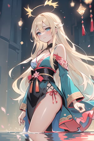 In a serene setting, there stands a captivating anime girl with long, flowing blonde hair cascading down her shoulders in gentle waves. Her locks catch the soft glow of the setting sun, creating a halo-like effect around her. She adorns a delicate, pale blue kimono embroidered with intricate cherry blossoms, symbolizing new beginnings and hope for the coming year.

Despite her stunning appearance and the faint smile gracing her lips, her eyes reveal a depth that belies her apparent joy. They possess a certain melancholic intensity, holding a hidden narrative within their cerulean depths. It's as though the twinkle in her eyes tells of unspoken stories, a reflection of both happiness and a hint of wistful longing for something elusive.

She stands by a serene lakeside, the water mirroring the vibrant colors of the sunset. Lanterns gently sway in the evening breeze, casting a warm, golden glow around her. Despite the festive atmosphere and the joyous celebrations around her, there's a poignant solitude surrounding her, accentuated by the contrast between her radiant appearance and the faint hint of yearning in her gaze.

Her expression, though joyous, carries a subtle hint of loneliness—a feeling amplified by the beauty of the moment. Perhaps she's reminiscing about past celebrations, cherishing them while feeling a tinge of isolation in the midst of the festivities. Yet, she remains resilient, embodying a quiet strength amidst her inner turmoil, finding solace in the promise of a new year, symbolized by the blossoming flowers adorning her dress.

It's this juxtaposition of happiness and solitude, portrayed through her vibrant attire and contemplative gaze, that makes her a captivating embodiment of the bittersweet beauty of the new year.