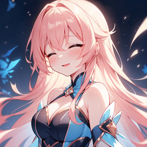 Under the serene night sky, the anime girl stands frozen in a moment of joy. The setting now bathed in the soft glow of moonlight and the vivid colors of the fireworks illuminating the darkness. Her pose remains unchanged—a close-up of her turned figure, head tilted back with a slight upward tilt, and a heartwarming smile playing on her face.

Amidst the nocturnal ambiance, her closed eyes gleam with contentment, her cheeks adorned with a gentle blush accentuated by the night's gentle glow. The darkened surroundings add an enchanting contrast, enhancing the intimacy of the scene while highlighting her joyous expression.

The super-close portrait retains its focus on the animated and blissful moment of her looking back, perfectly complemented by the captivating night-time atmosphere. The serene night setting heightens the allure of the scene, emphasizing the beauty of the captured emotion amidst the enchanting display of fireworks in the darkened sky.