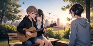 The sun is setting, casting a warm glow over the city. A young couple is sitting on a bench in the park, enjoying the peaceful evening. The boy is playing guitar, and the girl is singing along. Their voices blend together perfectly, creating a beautiful melody.

The boy and girl are both dressed in comfortable clothes. The boy is wearing a hoodie and jeans, and the girl is wearing a sweater and skirt. They are both wearing headphones, but the music is so quiet that they can still hear the sounds of the birds chirping and the wind rustling through the trees.

The couple is completely absorbed in each other. They are not paying attention to the people walking past them or the dogs running around. They are only focused on each other and the music they are making together.

The boy and girl's relationship is still new, but they are already deeply in love. They love spending time together and sharing their passions with each other. They are both creative and talented, and they inspire each other to be the best versions of themselves.

As the sun sets and the sky turns a deep blue, the boy and girl continue to play and sing together. They are lost in their own little world, and they don't want the moment to end.