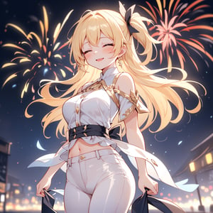 In a serene and vibrant scene, an anime girl with flowing blonde-white hair stands amidst the backdrop of a night sky illuminated by fireworks. She wears a semi-transparent loose white shirt that billows gently in the night breeze, paired effortlessly with sleek black jeans. Her open, loose hair dances freely around her face, framing her features in an untamed yet enchanting manner.

With both eyes closed, she stands in a moment of pure bliss, a serene smile gracing her lips, and a soft blush adorning her cheeks. The joy on her face is palpable, emanating from her closed eyes, as she revels in the symphony of colors painted across the sky.

The background, softly blurred, accentuates the girl's serene expression. The fireworks create a breathtaking display, filling the night sky with bursts of vibrant hues. The focus remains solely on the girl, capturing the essence of her contentment amidst the lively celebration.

This simple yet captivating portrait encapsulates the sheer delight and tranquility of the moment, emphasizing the girl's serene happiness amidst the vibrant chaos of the fireworks-filled night.