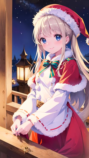 (Masterpiece, Top Quality, High Quality, Best Picture Score: 1.3), Perfect Beauty: 1.5, blonde hair, long hair, (Santa Claus costume), one person, (Santa Claue Hat), outside house, in the balcony, stars, night scene, blue_eyes, cute, smiling, happy, blushing,