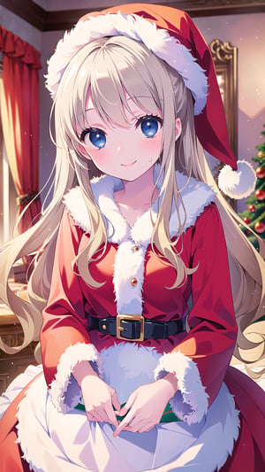 (Masterpiece, Top Quality, High Quality, Best Picture Score: 1.3), Perfect Beauty: 1.5, blonde hair, long hair, (Santa Claus costume), one person, (Santa Claue Hat), inside house, blue_eyes, cute, smiling, happy, blushing, 