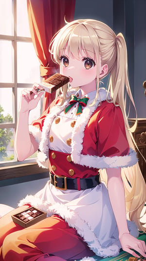 (Masterpiece, Top Quality, High Quality, Best Picture Score: 1.3), Perfect Beauty: 1.5, blonde hair, long hair, (Santa Claus costume), one person, eating chocolate, inside house, vanilla flavored, not large chocolate bar, brown eyes