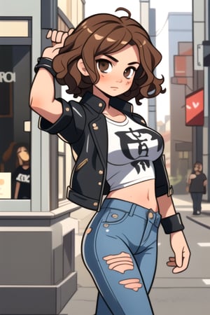(frontal view, looking at front, facing viewer:1.2) 1girls, beautiful, attractive, Slender and athletic, large breasts, curly brown hair with golden reflections, deep brown eyes, discreet tattoos on her arms. Rebellious, independent, lover of freedom and adventure. He prefers an urban and relaxed style, with leather jackets, gang t-shirts and ripped jeans. He wears temporary tattoos.