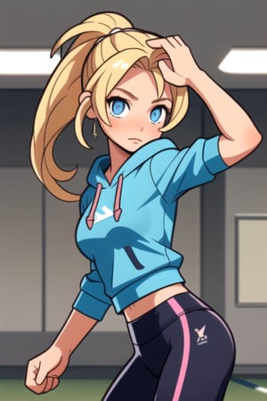 (frontal view, looking at front, facing viewer:1.2) 1girls, beautiful, attractive, Athletic, muscular, regular breasts, braided blonde hair, bright blue eyes. Light skin Competitive, perfectionist, always seeking to improve herself. Always wear comfortable, sporty clothing such as leggings, hoodies, and wear a high ponytail to keep your hair out of the way during training.