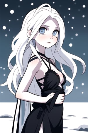 (frontal view, looking at front, facing viewer:1.2) 1girls, beautiful, attractive, Slender almost flat body, flat breasts and large nipples, Pale skin, long snow-white hair, icy blue eyes. mole next to the mouth, enigmatic, distant, fascinated by the occult and the paranormal. It has a bohemian and mysterious style, with long and dark dresses, accessories with esoteric symbols.