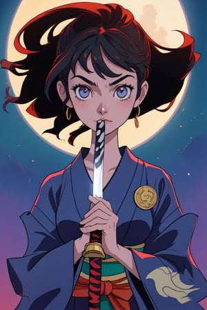 Maxima calidad, manos definidas, Nena japonesa de 15 años con traje tradicional a la luz de la luna, de pie viendo al espectador con una katana en mano