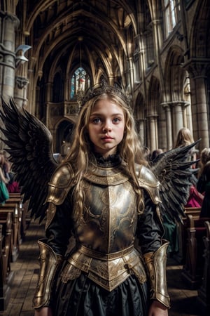 (master part, qualidade superior, Realistic) 11-year-old gothic girl, angelic beautiful child, fantasy photoshoot, with green eyes and long blonde hair down to the waist, Scenario Atlético Esporte Clube, heavenly light, inside a church,Angel,angel_wings,angel, Golden armor,medieval armor