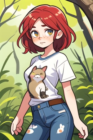 (frontal view, looking at front, facing viewer:1.2) 1girls, beautiful, attractive, Thin, short, medium breasts, red hair, freckles on her nose. clear skin. Shy, introverted, lover of nature and animals. Dress in a natural and comfortable style, with t-shirts with nature prints, jeans.