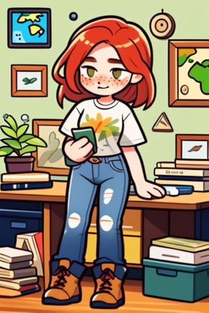 Girl, pretty, Slim, tall, red hair, freckles on her nose. Shy, introverted, lover of nature and animals. Dress in a natural and comfortable style, with nature print t-shirts, jeans and hiking boots. Your room is decorated with plants and natural elements, such as stones and wood. He has a world map on the wall with markers of the places he has visited. His desk is littered with biology books and birding guides.