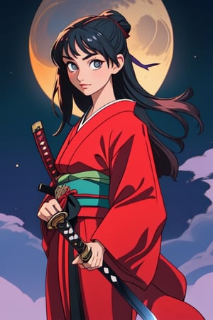 Nena japonesa de 15 años con traje tradicional a la luz de la luna, de pie viendo al espectador con una katana en mano