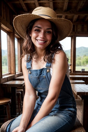 (one-1-person:1.2), beautiful latin lady, freckles, big smile, dark makeup, hyperdetailed photography, soft light, head and shoulders portrait, cover, dressed in denim overalls, straw hat, plaid shirt, work boots