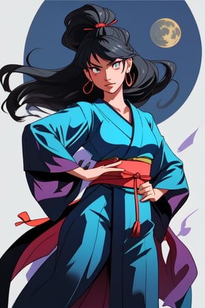 Maxima calidad, manos definidas, Nena japonesa de 15 años con traje tradicional a la luz de la luna, de pie viendo al espectador con una katana en mano, pose de combate
