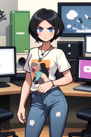 (frontal view, looking at front, facing viewer:1.2) 1girls, beautiful, attractive, Tall, slim, athletic, small breasts, short straight black hair, penetrating blue eyes. Blanca Serious, introverted, loyal, but with difficulties to trust others. He usually wears comfortable and casual clothing, such as geeky print t-shirts, skinny jeans. He also wears a necklace with a computer symbol pendant.