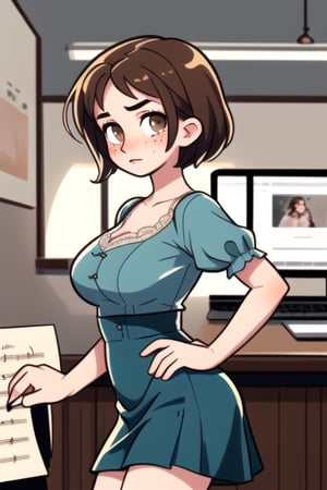 (frontal view, looking at front, facing viewer:1.2) 1girls, beautiful, attractive, Short, slender, huge breasts, short dark hair, melancholic brown eyes. freckles on the cheeks Melancholic, introverted, lover of music and writing. She has a vintage and elegant style, dressing with lace dresses, high-waisted skirts and ruffled tops.