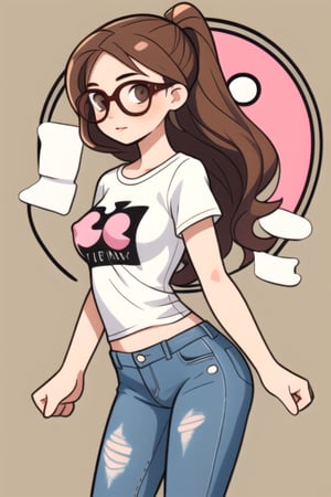(frontal view, looking at front, facing viewer:1.2) 1girls, beautiful, attractive, Short, slim and slender, medium breasts, pink and large nipples, long brown hair, round glasses, intellectual appearance. Short, slim and slender, medium breasts, long brown hair, round glasses, intellectual appearance. Brown eyes. think clearly Rational, analytical, lover of riddles and puzzles. It has a comfortable and casual style, with graphic tees, distressed jeans.