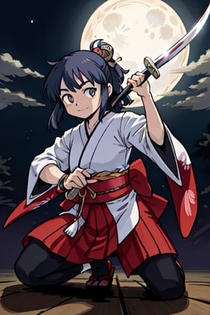 Maxima calidad, manos definidas, Nena japonesa de 15 años con traje tradicional japonés a la luz de la luna, de pie viendo al espectador con una katana en mano, pose de combate
