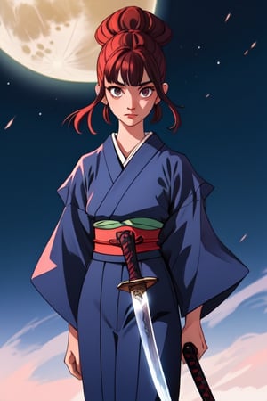 Nena japonesa de 15 años con traje tradicional a la luz de la luna, de pie viendo al espectador con una katana en mano