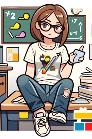 Girl, pretty, Short, long brown hair, round glasses, intellectual appearance. Rational, analytical, lover of riddles and puzzles. His style is comfortable and casual, with graphic tees, distressed jeans and sneakers. His room has a casual atmosphere, with math posters and puzzles on the walls. He has a blackboard where he solves math problems and plans his studies. He also has a collection of puzzles and Rubik's cubes on his desk.