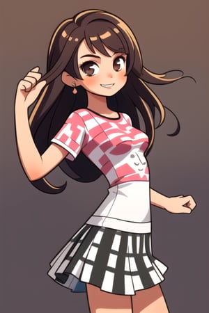 (frontal view, looking at front, facing viewer:1.2) 1girls, beautiful, attractive, Small, slim and slender, medium breasts, tan skin, long dark hair, warm smile. Creative, dreamy, always lost in her imaginary world. Dress in an alternative and creative style, with checkered skirts, patterned T-shirts.