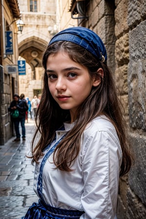 "Create an image of a beautiful 14 year old Jewish girl in traditional clothing, such as kippot and tallit, near the Western Wall in Jerusalem. Include elements of the ancient city, the Dome of the Rock and the bustling streets of the Old City" .