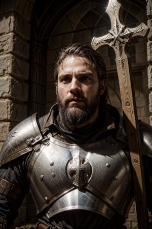 templar knight, battle armor, dented armor, 35 year old man strong features, scruffy beard, holding a cross,