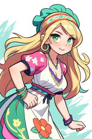 (frontal view, looking at front, facing viewer:1.2) 1girls, beautiful, attractive, Short, thin, stylized. Medium breasts, long curly blonde hair, bright green eyes. Extroverted, cheerful, always willing to help others. Dress in a bohemian and colorful style, with flowing dresses, blouses with floral prints and bohemian accessories such as bracelets and headbands.