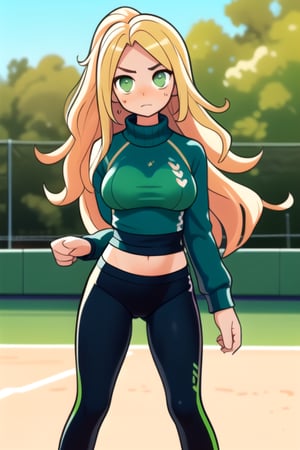 (frontal view, looking at front, facing viewer:1.2) 1girls, beautiful, attractive, Marked body, athletic, tall, large breasts, small waist, long blonde hair, bright green eyes. Competitive, determined, passionate about sports and outdoor life. It has a sporty and comfortable style, with leggings, sweatshirts.
