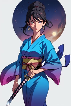 Nena japonesa de 15 años con traje tradicional a la luz de la luna, de pie viendo al espectador con una katana en mano