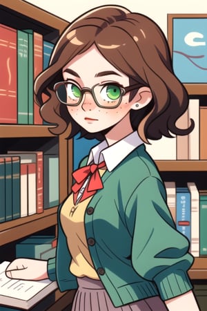 (frontal view, looking at front, facing viewer:1.2) 1girls, beautiful, attractive, Slim short, slim body, small breasts, short wavy brown hair, glasses, nerdy appearance. green eyes, freckles on the cheeks, white skin Intellectual, curious, always with a book in hand. She has an intellectual and vintage style, dressing with pleated skirts, Peter Pan collar blouses and cardigans.