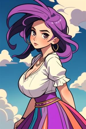 (frontal view, looking at front, facing viewer:1.2) 1girls, beautiful, attractive, Latina, voluptuous gigantic breasts. Long straight purple hair, nose piercing. Expressive dark brown eyes Artistic, dreamy, always with her head in the clouds. It has an artistic and bohemian style, with colorful dresses and skirts, striking necklaces.