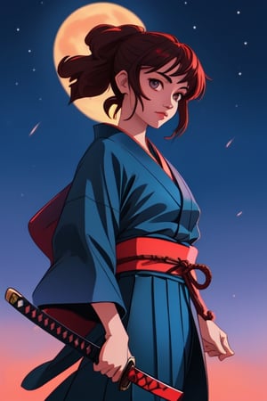 Nena japonesa de 15 años con traje tradicional a la luz de la luna, de pie viendo al espectador con una katana en mano