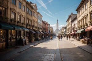 fine art portrait of street, city, shops, noon, buildings in the background, photorealistic, realistic, Masterpiece