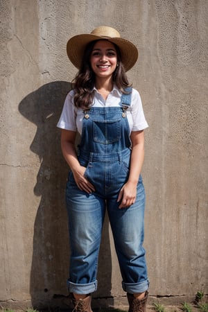 (one-1-person:1.2), beautiful latin lady, freckles, big smile, dark makeup, hyperdetailed photography, soft light, head and shoulders portrait, cover, dressed in denim overalls, straw hat, plaid shirt, work boots