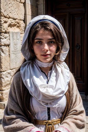 "Create an image of a beautiful 16 year old Jewish girl in traditional clothing, such as kippot and tallit, near the Western Wall in Jerusalem. Include elements of the ancient city, the Dome of the Rock and the bustling streets of the Old City" .