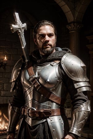 templar knight, battle armor, dented armor, 35 year old man strong features, scruffy beard, holding a cross,