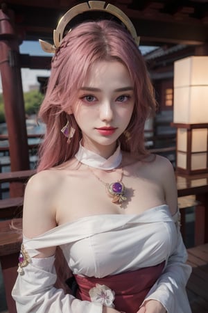 1girl, (ulzzang-6500:0.7), kpop idol, yae miko, detached sleeves, bare shoulders, pink hair, long hair, japanese clothes, best quality, (painting:1.5), (hair ornament:1.35), jewelry, purple eyes, earrings, perfect breast, torii,  cherry blossoms,  lantern light, depth of field, detailed face, face focus, ribbon_trim, (looking at viewer:1.25), nontraditional miko, shiny skin, long sleeves, smile, thick lips, game cg, hands on lips, east asian architecture, (blurry background:1.2), upper body,m4d4m