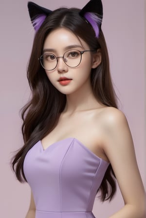 photorealistic, very high detail, high resolution, 8K, 1girl, korean beauty, (high detail face), long hair, cat ear, spectacles glasses, perfect body, purple dress, xxmix girl woman, professional studio lighting, looking_at_camera,