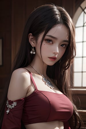 good hand,4k, high-res, masterpiece, best quality, head:1.3,((Hasselblad photography)), finely detailed skin, sharp focus, (cinematic lighting), soft lighting, dynamic angle, [:(detailed face:1.2):0.2],midriff peek, big breasts, 1girl, jewelry,earrings, solo, long_hair, mole_under_eye, upper_body, grey_eyes, looking_at_viewer,,black hair,yaemikodef