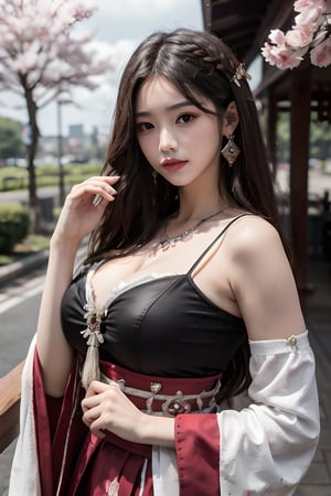 1girl, (ulzzang-6500:0.7), kpop idol, yae miko, detached sleeves, bare shoulders, pink hair, long hair, japanese clothes, best quality, (painting:1.5), (hair ornament:1.35), jewelry, purple eyes, earrings, breasts, torii,  cherry blossoms,  lantern light, depth of field, detailed face, face focus, ribbon_trim, (looking at viewer:1.25), nontraditional miko, shiny skin, long sleeves, smile, thick lips, game cg, hands on lips, east asian architecture, (blurry background:1.2), upper body,