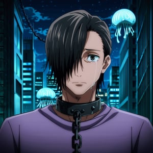 score_9, score_8_up, score_7_up, source_anime, rating_safe, intricate details, 1boy, solo, male focus, , junpei_yoshino, black hair, black eyes, short hair, hair over one eye, junpei_yoshino, (cowboy_shot:1.2), (jellyfish_blue_behind:1.3). determinated_face, (night_cityscape:1.4), sad_face, (chains:1.4), (darkness:1.2), (torned_clothes:1.4), crying_with_eyes_open