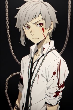 masterpiece, best quality, high quality, 1boy, solo, male focus, looking at viewer, scars, blood, ripped clothes, nakajima_atsushi, grey hair, chains, dark background