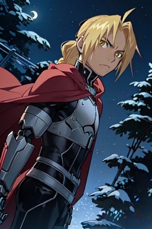 (masterpiece:1.5), best quality, game cg, 1boy, solo, (male focus:1.2), looking at the viewer, depth of field, realistic, (higher_angle_shot:1.5), edward_elric, blonde hair, yellow eyes, single (single mechanical arm:1.3), single braid, braided ponytail, long hair, (night:1.5), dirt_on_chest, crimson cape, soil_background, forest, (darkness:1.5), outdoors, (cover_on_dirt),(cold_color_pallete:1.5), low lighting,(magic portal:1.2), frown