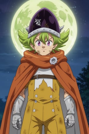 score_9, score_8_up, score_7_up, source_anime, rating_safe, , anime screencap, anime coloring, official style, , , 1boy, solo, male focus, , percival_nnt_mny, green hair, purple eyes, helmet, cowboy shot, night, full moon, floating, smirk, robes, harness, spiked hair, master_piece, metal_gauntlets, darkness, (dirty_clothes:1.3),  hair between eyes, bangs, (dark_clothing:1.5), energy_lines, orange_shoulder_cape