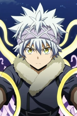 masterpiece, best quality, high quality, 1boy, solo, male focus, looking at viewer, purple background, , horibe_itona, yellow eyes, white hair, purple headband, spiked hair, hair between eyes, fur trim, black armor, yellow lighting,itona_horibe, short hair, headband,(evil_face), cowboy_shot, (night_background:1.5), (energy_tentacles_behind:1.4), (punching:1.4)