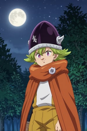 score_9, score_8_up, score_7_up, source_anime, rating_safe, anime screencap, anime coloring, official style,1boy, solo, male focus, , percival_nnt_mny, green hair, purple eyes, helmet, cowboy shot, night, full moon, floating, smirk, robes, harness, spiked hair, master_piece, (metal_gauntlets:1.4), darkness, hair between eyes, bangs, (dark_clothing:1.5), orange_shoulder_cape, smoke, (glowing_eyes:1.4), (evil_grin:1.4), (punching:1.5), white_teeth