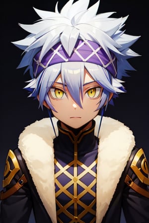 masterpiece, best quality, high quality, 1boy, solo, male focus, looking at viewer, purple background, , horibe_itona, yellow eyes, white hair, purple headband, spiked hair, hair between eyes, fur trim, black armor, yellow lighting